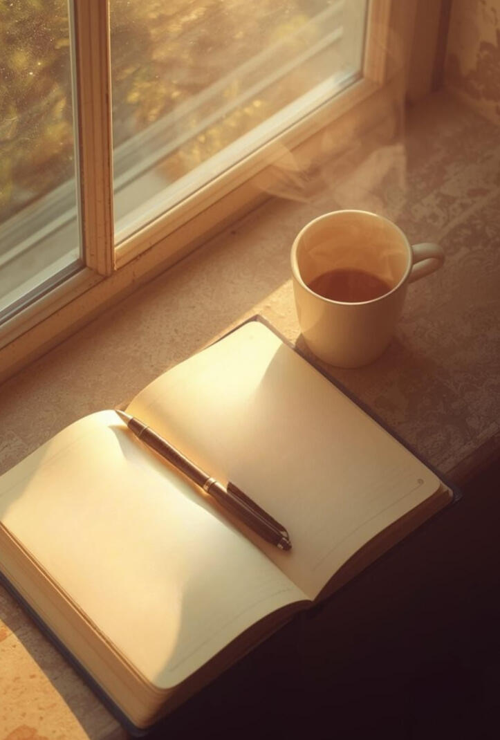 A journal open before a window, light streaming in, a pen is ready for the writing session to begin.